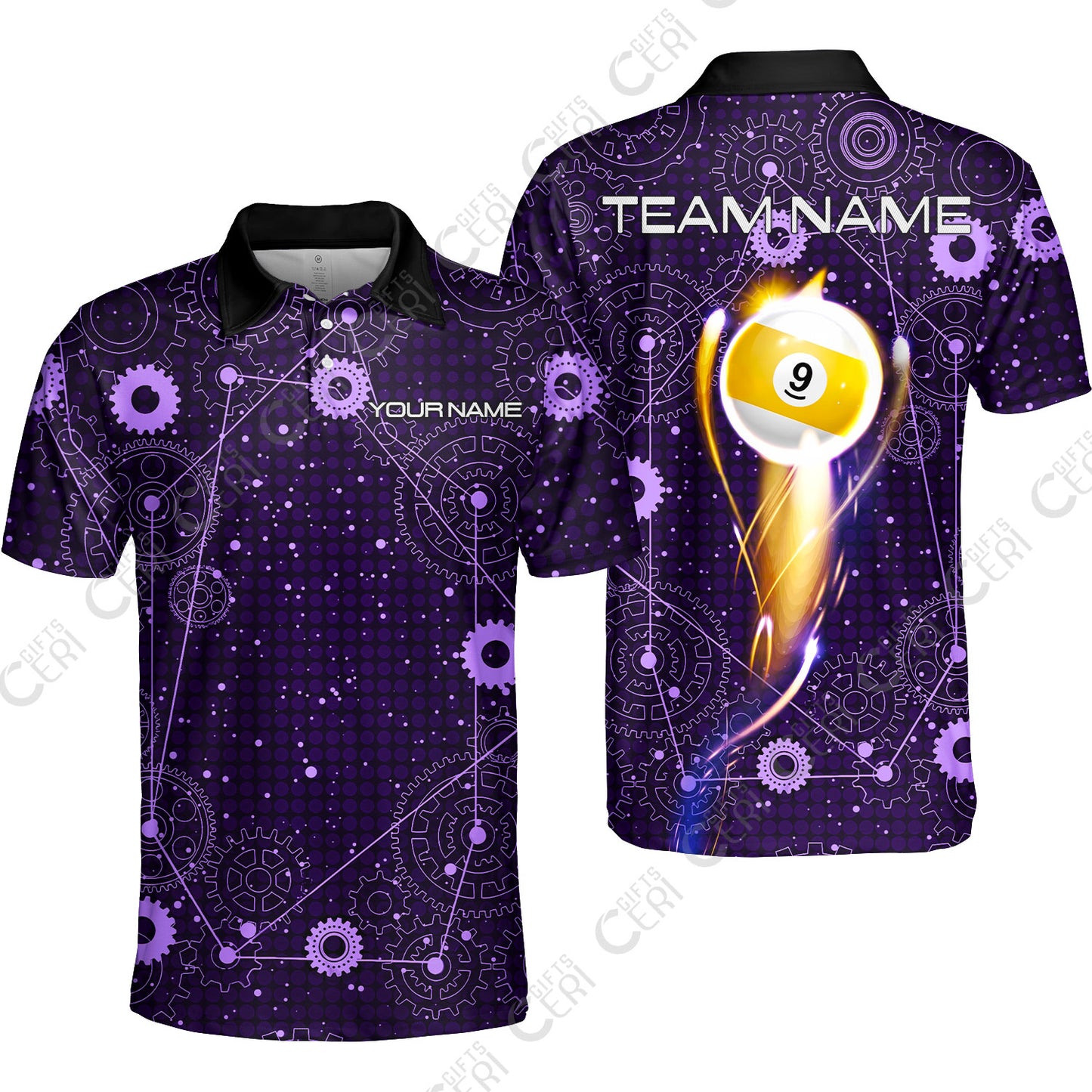 Customized Billiards Unisex Polo Shirt, Personalized 9 Ball Lighting Gear Pattern Jersey Gift For Billiard Players