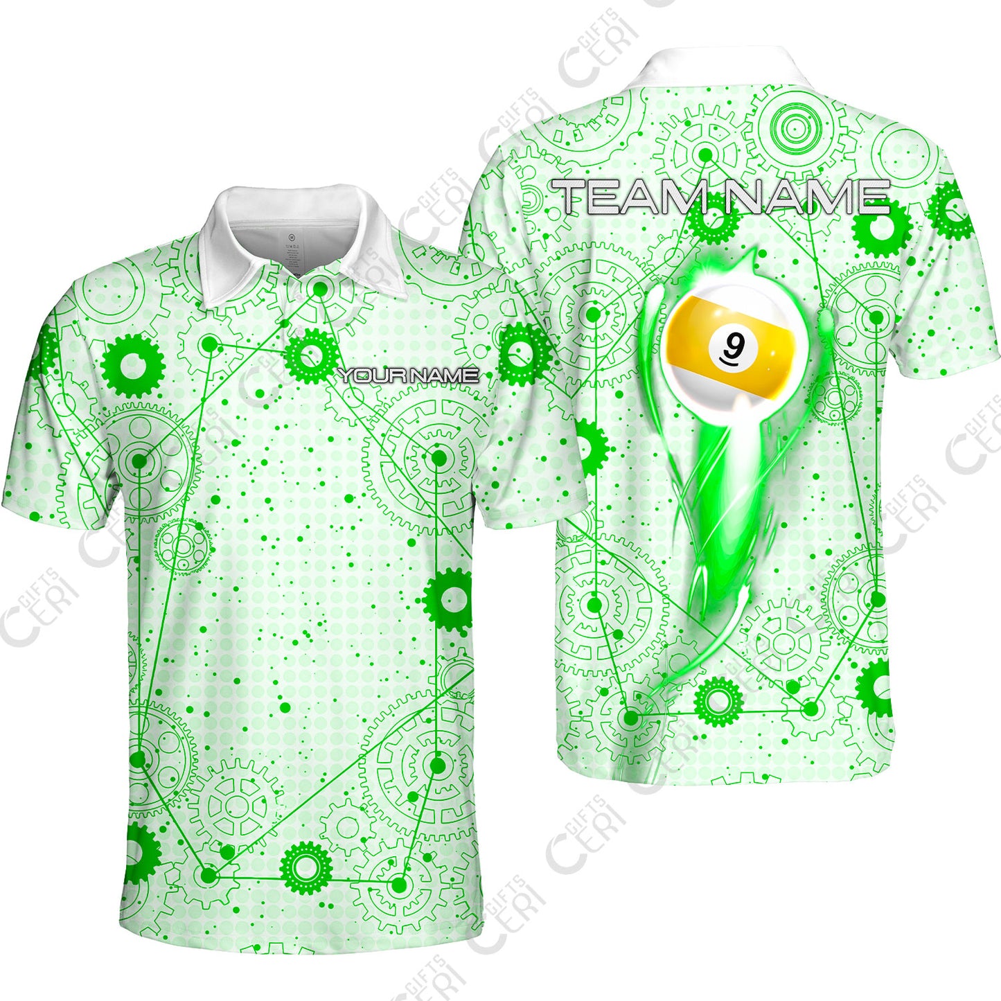 Customized Billiards Unisex Polo Shirt, Personalized 9 Ball Lighting Gear Pattern Jersey Gift For Billiard Players