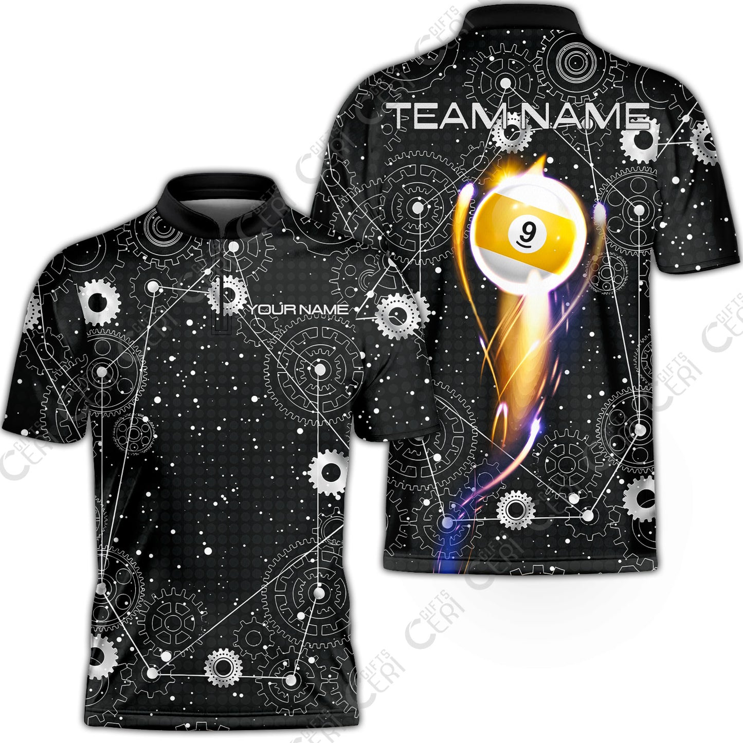 Customized Billiards Stand Collar Quarter-Zip Short Sleeve Jersey, Personalized 9 Ball Lighting Gear Pattern Jersey