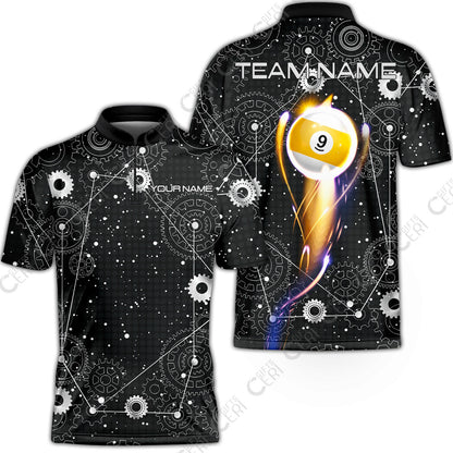 Customized Billiards Stand Collar Quarter-Zip Short Sleeve Jersey, Personalized 9 Ball Lighting Gear Pattern Jersey