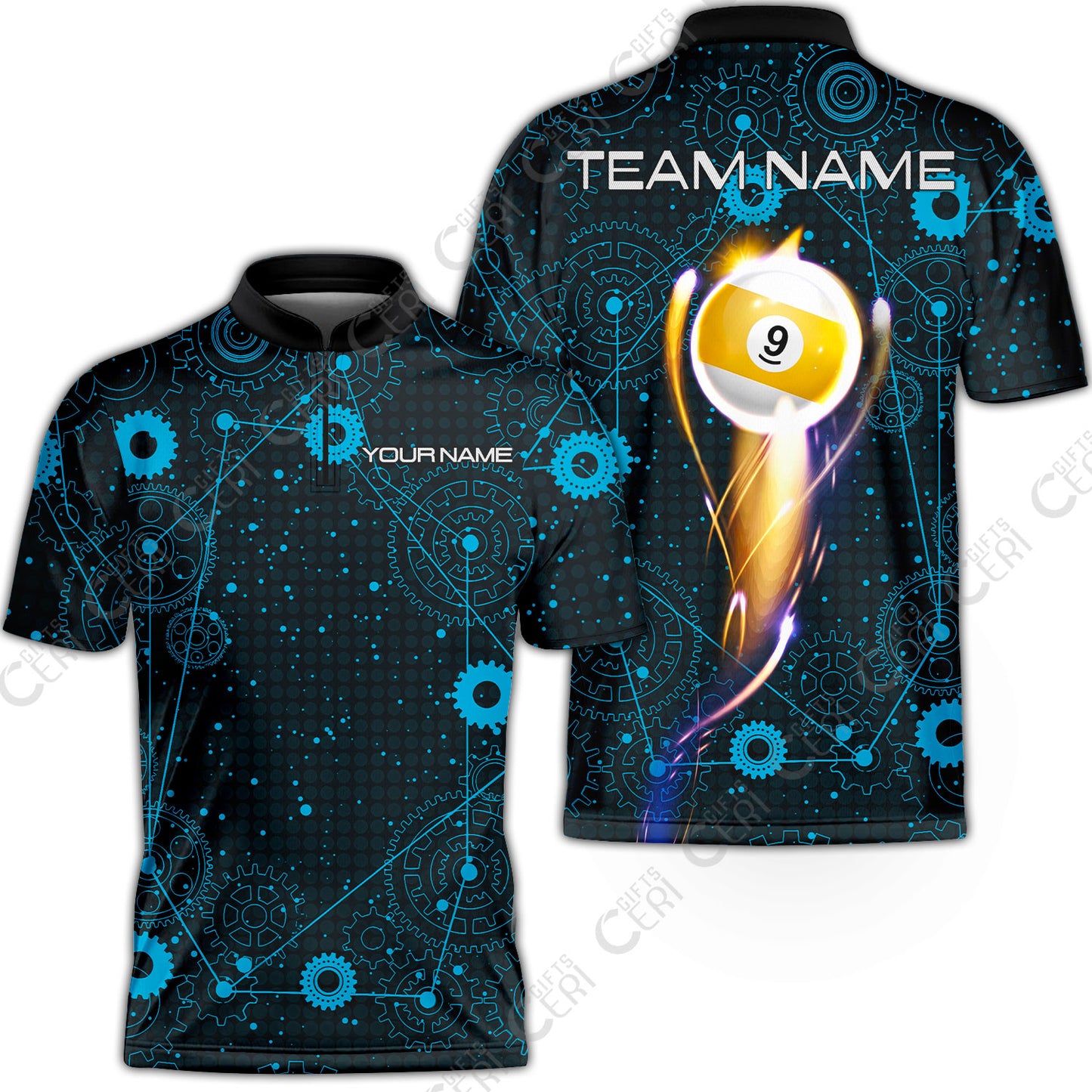 Customized Billiards Stand Collar Quarter-Zip Short Sleeve Jersey, Personalized 9 Ball Lighting Gear Pattern Jersey