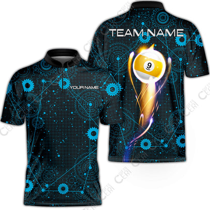 Customized Billiards Stand Collar Quarter-Zip Short Sleeve Jersey, Personalized 9 Ball Lighting Gear Pattern Jersey