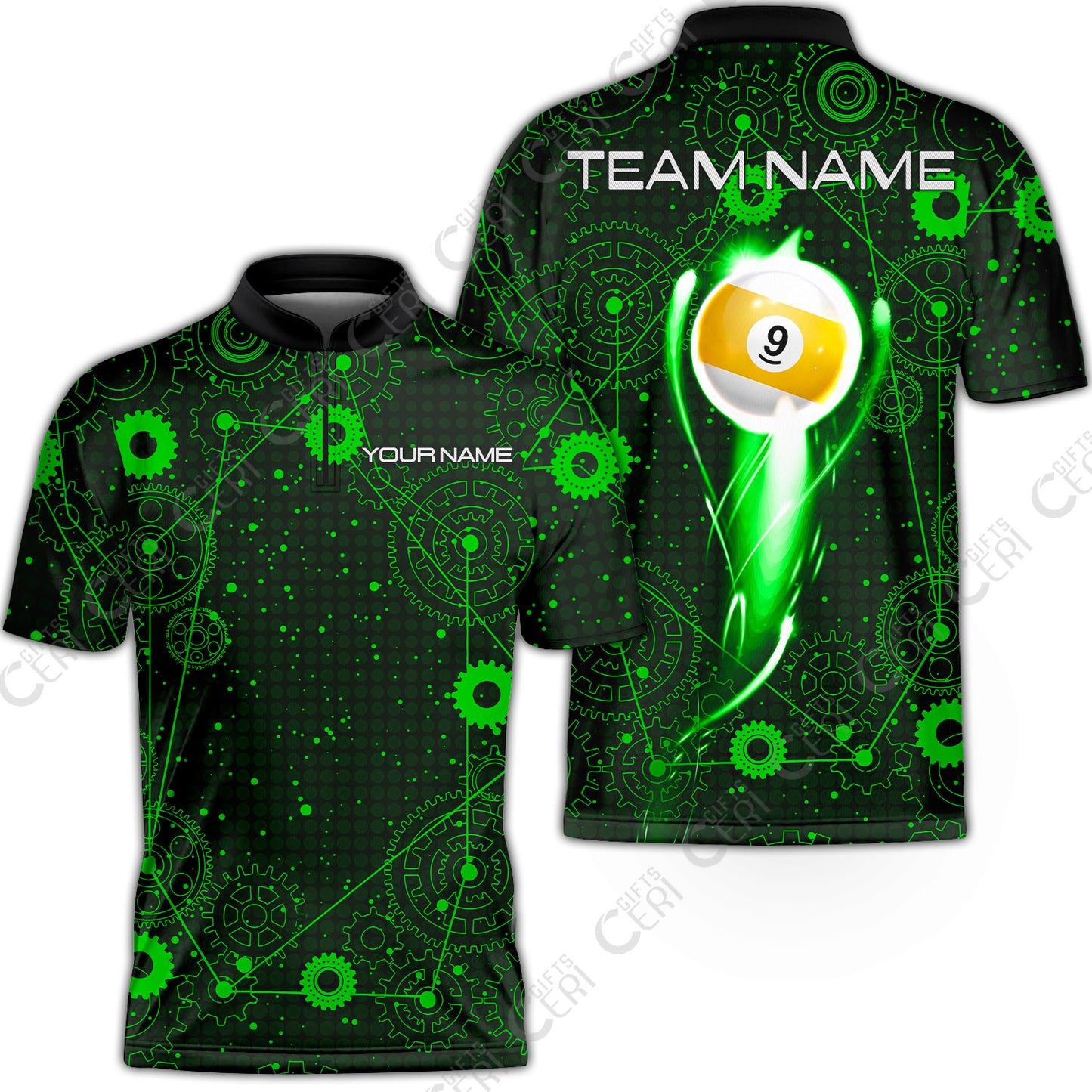 Customized Billiards Stand Collar Quarter-Zip Short Sleeve Jersey, Personalized 9 Ball Lighting Gear Pattern Jersey