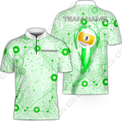 Customized Billiards Stand Collar Quarter-Zip Short Sleeve Jersey, Personalized 9 Ball Lighting Gear Pattern Jersey