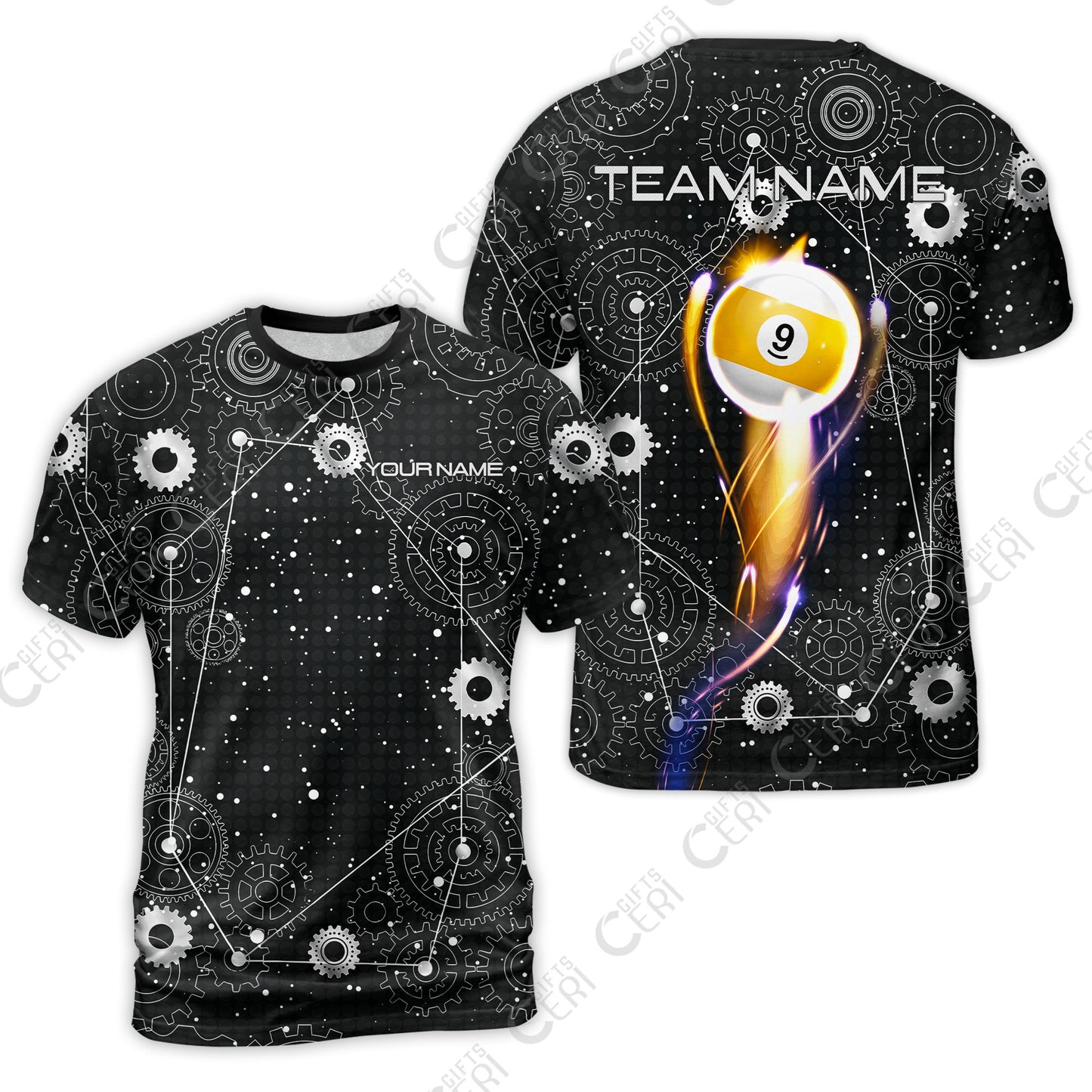 Customized Billiards T-Shirt, Personalized Billiard 9 Ball Lighting Gear Pattern Jersey Gift For Billiard Players