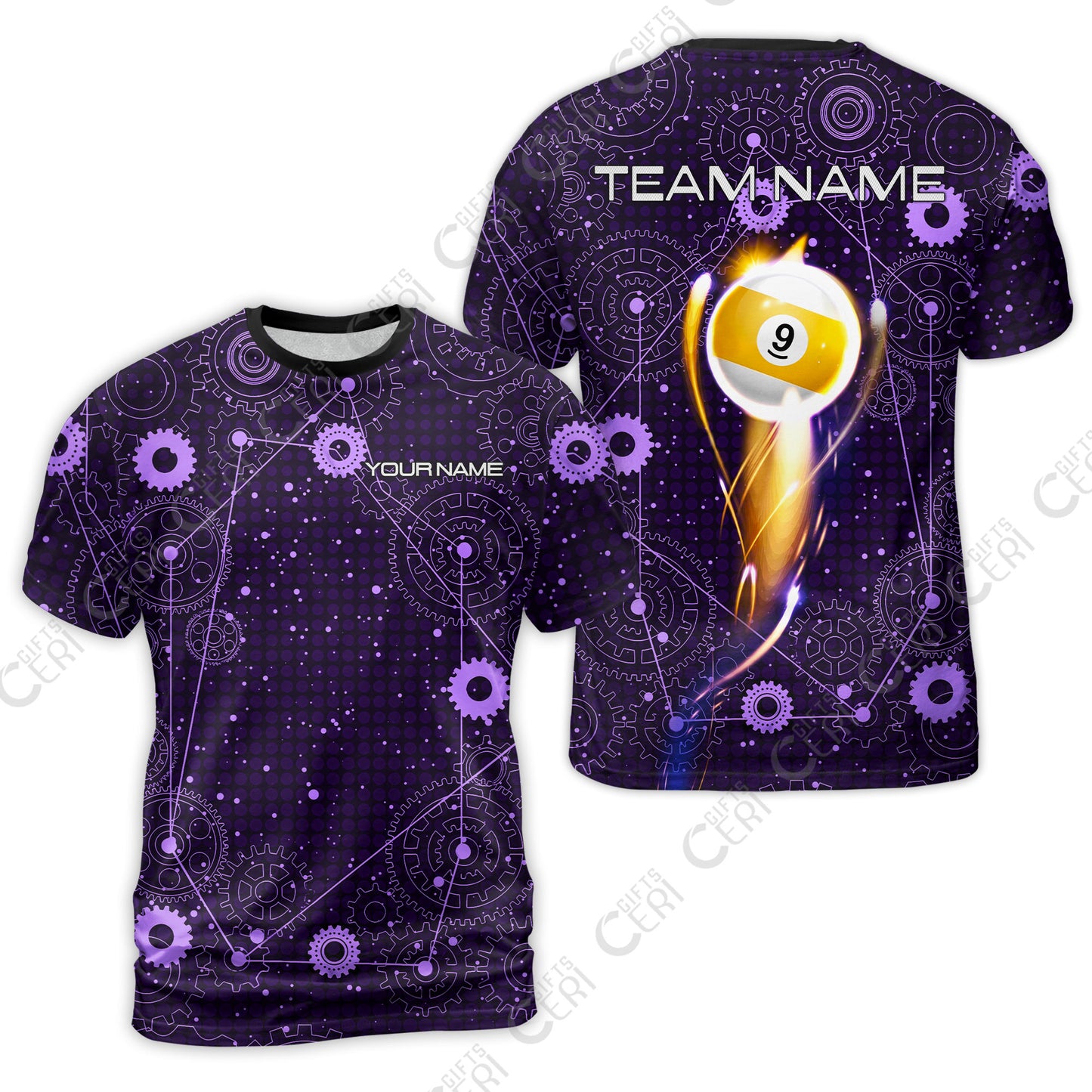 Customized Billiards T-Shirt, Personalized Billiard 9 Ball Lighting Gear Pattern Jersey Gift For Billiard Players