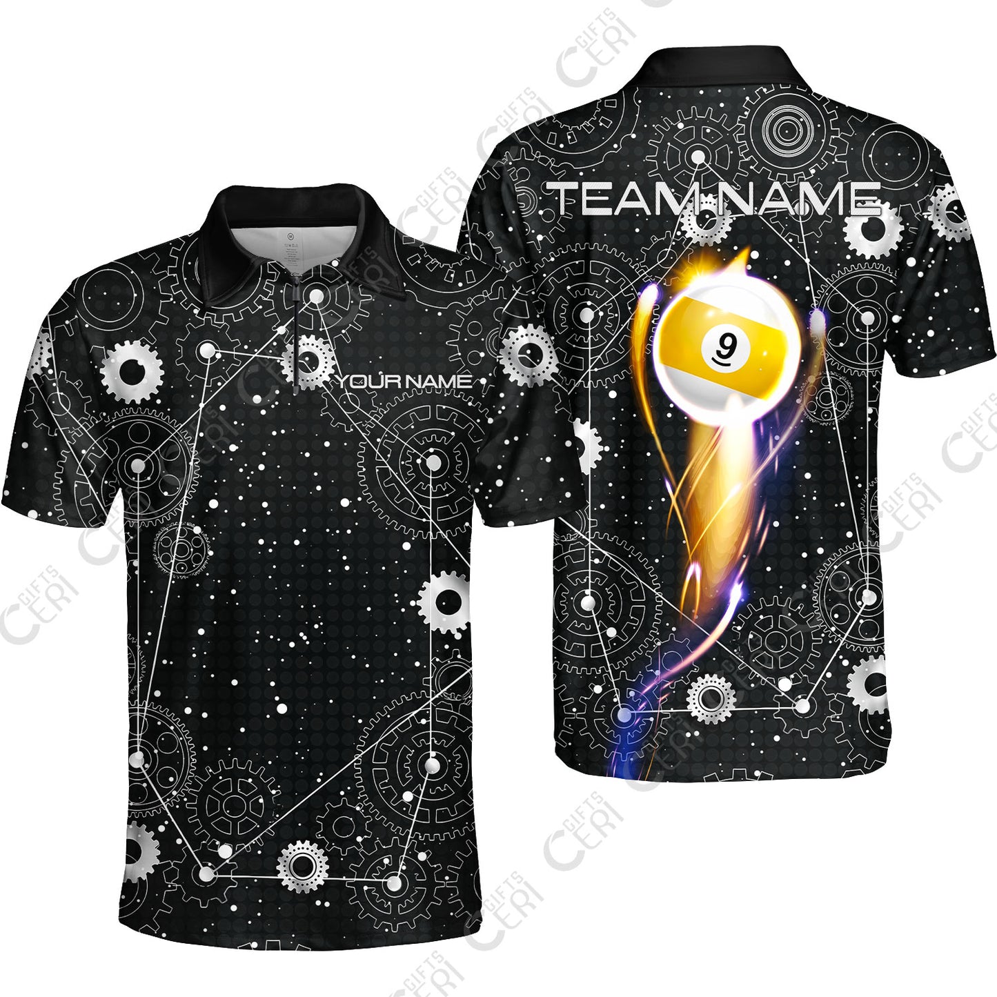 Customized Billiards Quarter-Zip Polo Shirt, Personalized 9 Ball Lighting Gear Pattern Jersey Gift For Billiard Players
