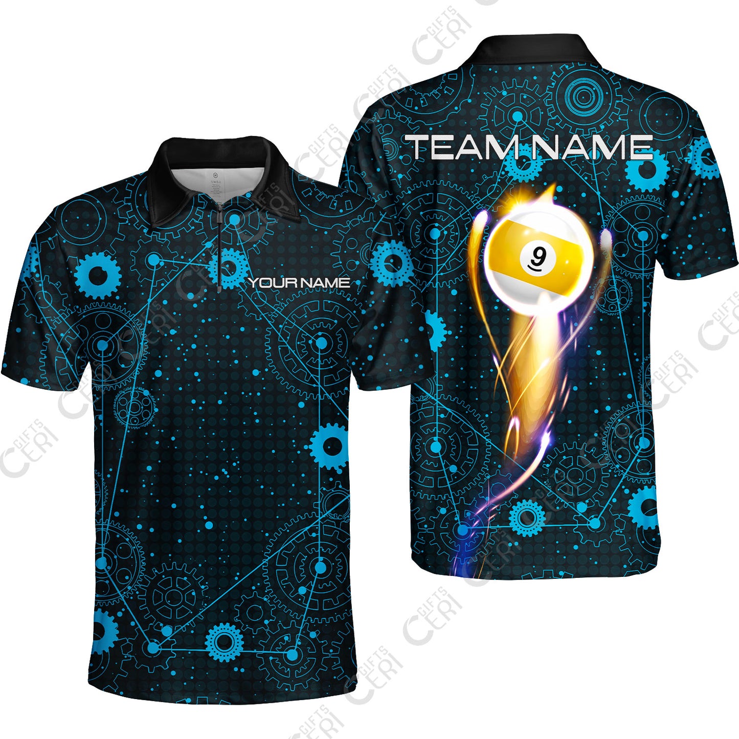 Customized Billiards Quarter-Zip Polo Shirt, Personalized 9 Ball Lighting Gear Pattern Jersey Gift For Billiard Players