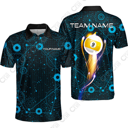 Customized Billiards Quarter-Zip Polo Shirt, Personalized 9 Ball Lighting Gear Pattern Jersey Gift For Billiard Players