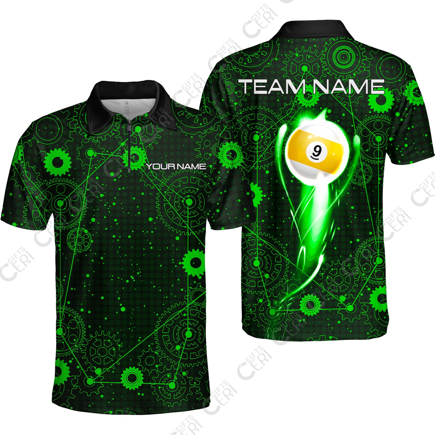 Customized Billiards Quarter-Zip Polo Shirt, Personalized 9 Ball Lighting Gear Pattern Jersey Gift For Billiard Players