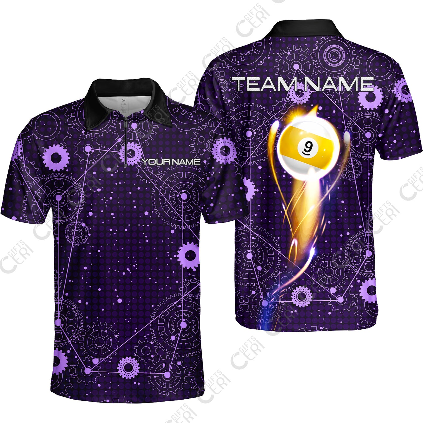 Customized Billiards Quarter-Zip Polo Shirt, Personalized 9 Ball Lighting Gear Pattern Jersey Gift For Billiard Players