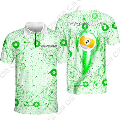 Customized Billiards Quarter-Zip Polo Shirt, Personalized 9 Ball Lighting Gear Pattern Jersey Gift For Billiard Players