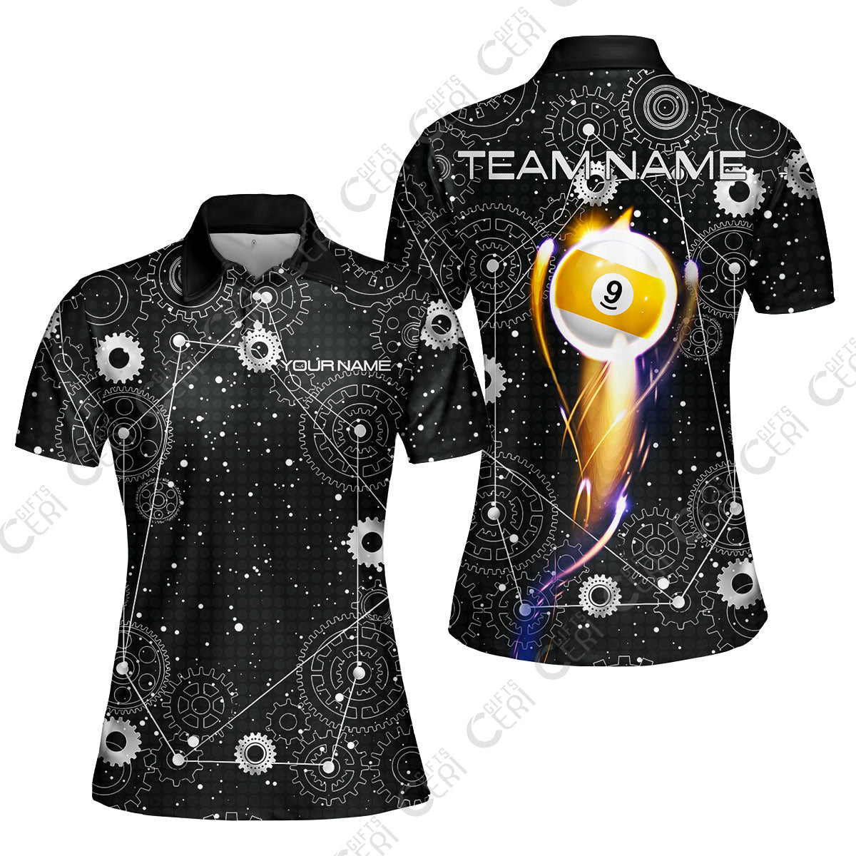 Customized Billiards Women Polo Shirt, Personalized 9 Ball Lighting Gear Pattern Jersey Gift For Billiard Players