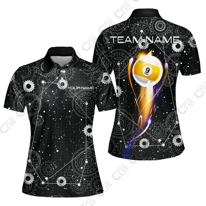 Customized Billiards Women Polo Shirt, Personalized 9 Ball Lighting Gear Pattern Jersey Gift For Billiard Players