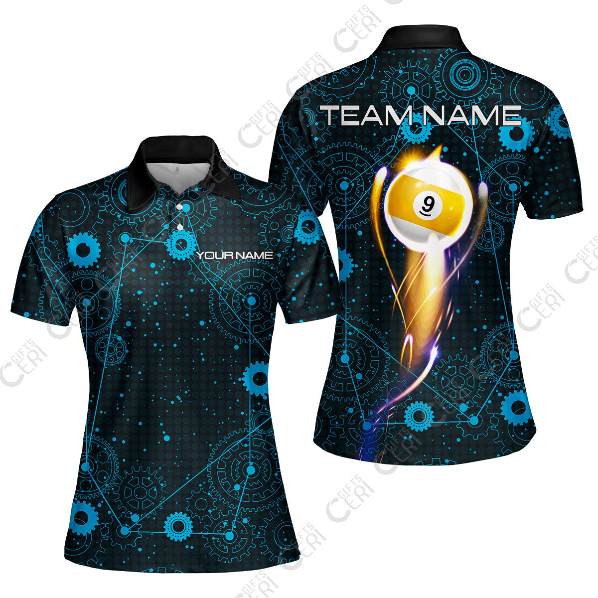 Customized Billiards Women Polo Shirt, Personalized 9 Ball Lighting Gear Pattern Jersey Gift For Billiard Players
