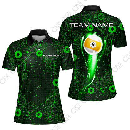 Customized Billiards Women Polo Shirt, Personalized 9 Ball Lighting Gear Pattern Jersey Gift For Billiard Players