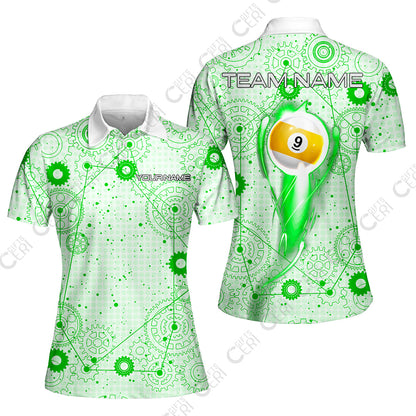 Customized Billiards Women Polo Shirt, Personalized 9 Ball Lighting Gear Pattern Jersey Gift For Billiard Players