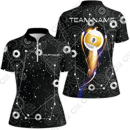 Customized Billiards Stand Collar Quarter Zip Short Sleeve Women's Shirt, Personalized 9 Ball Lighting Gear Pattern Jersey
