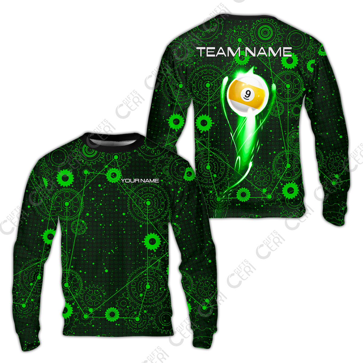 Customized Billiards Sweatshirt, Personalized Billiard 9 Ball Lighting Gear Pattern Jersey Gift For Billiard Players