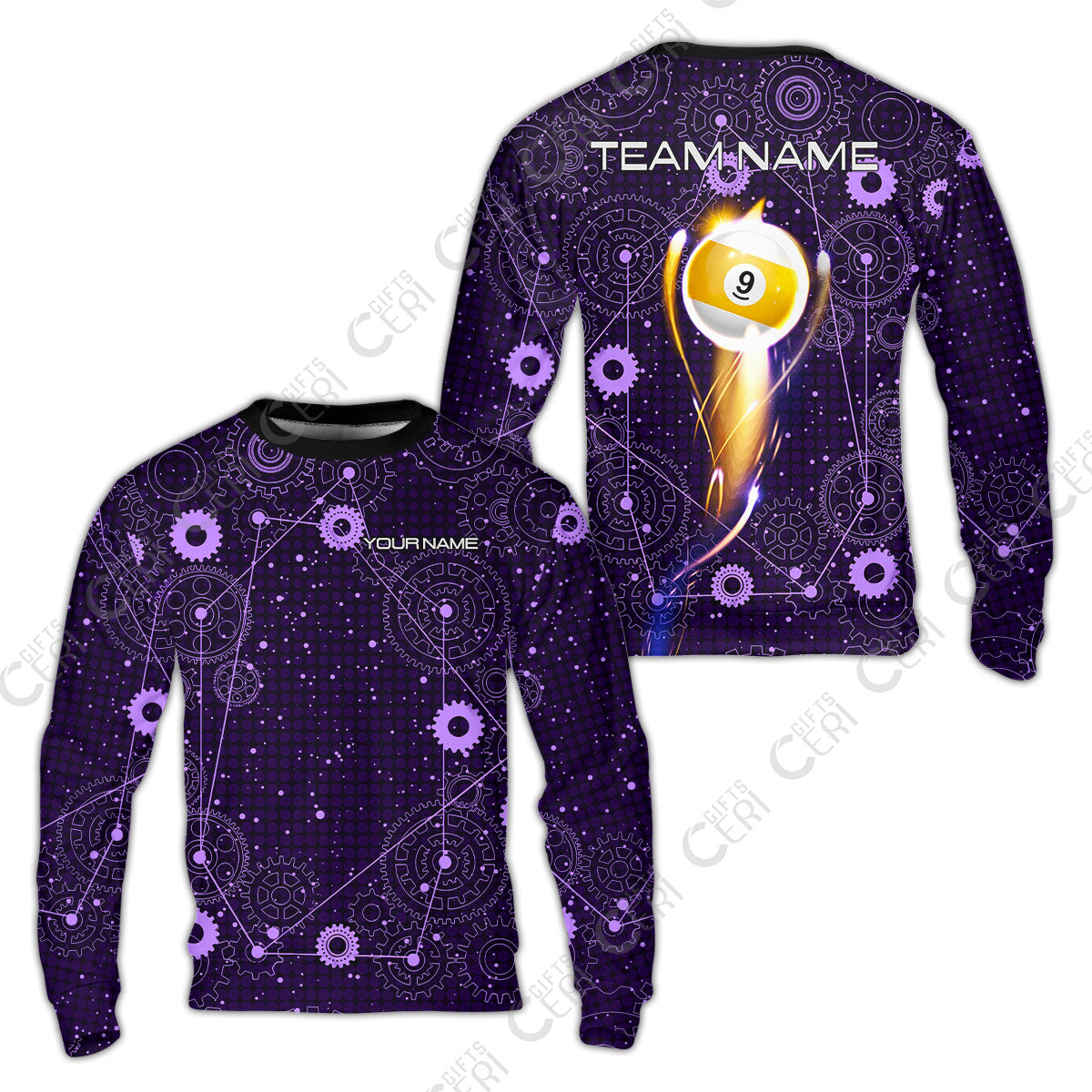 Customized Billiards Sweatshirt, Personalized Billiard 9 Ball Lighting Gear Pattern Jersey Gift For Billiard Players
