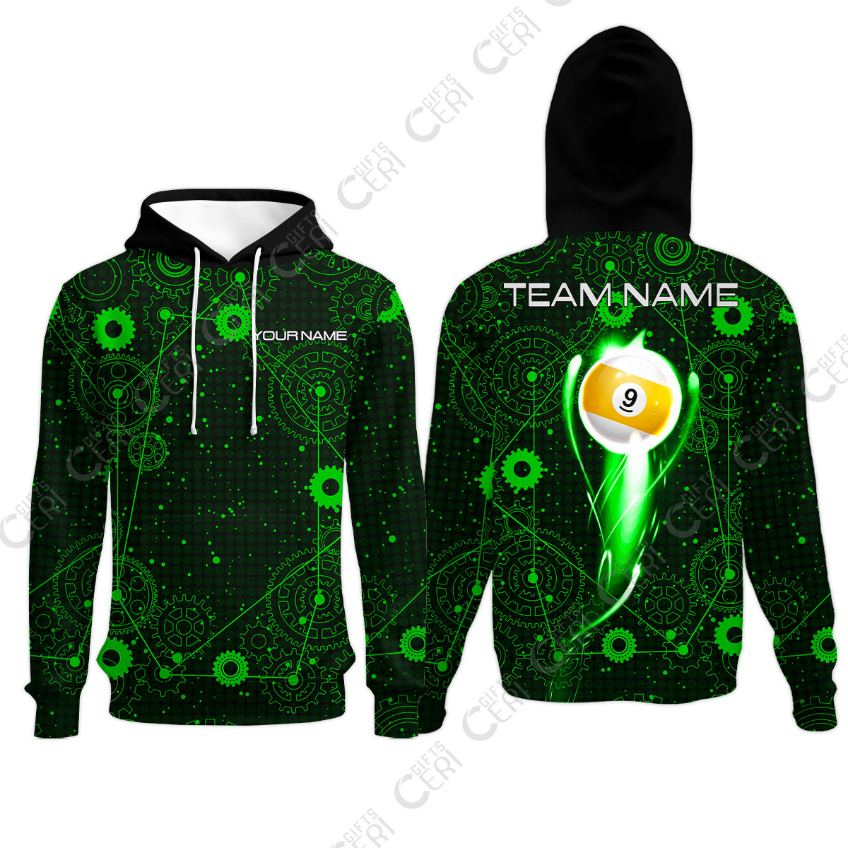 Customized Billiards Hoodies, Personalized Billiard 9 Ball Lighting Gear Pattern Jersey Gift For Billiard Players