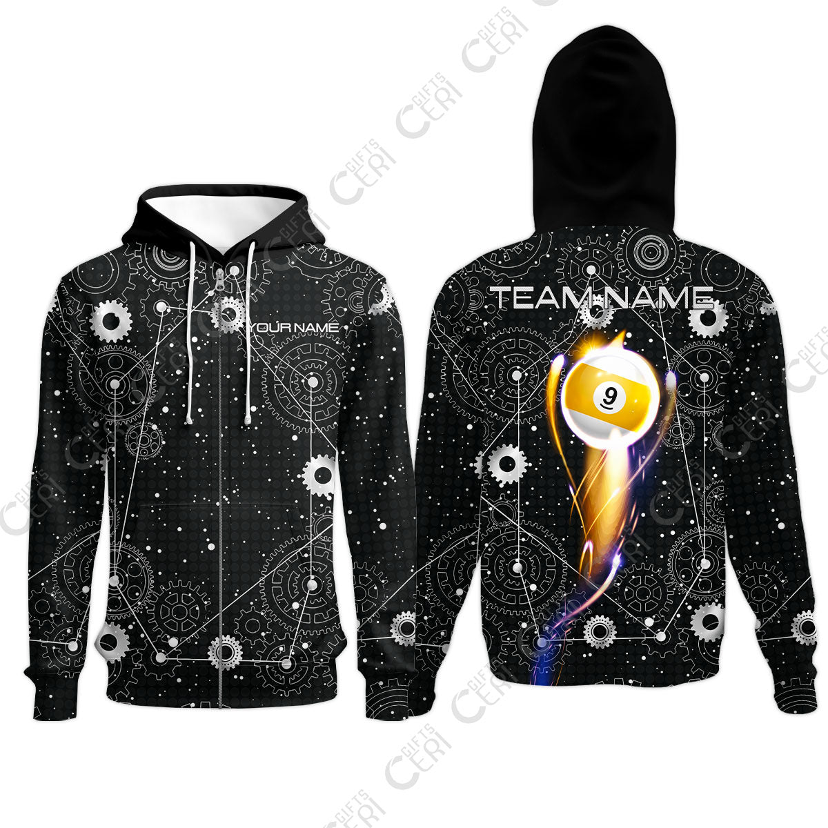 Customized Billiards Zip Hoodies, Personalized Billiard 9 Ball Lighting Gear Pattern Jersey Gift For Billiard Players