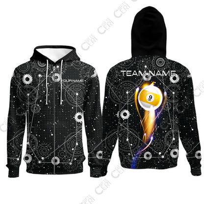 Customized Billiards Zip Hoodies, Personalized Billiard 9 Ball Lighting Gear Pattern Jersey Gift For Billiard Players