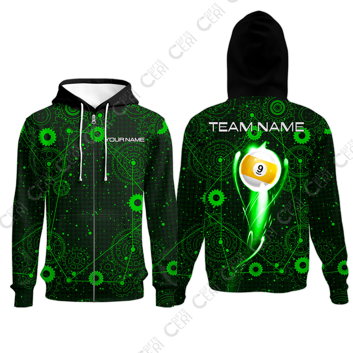 Customized Billiards Zip Hoodies, Personalized Billiard 9 Ball Lighting Gear Pattern Jersey Gift For Billiard Players