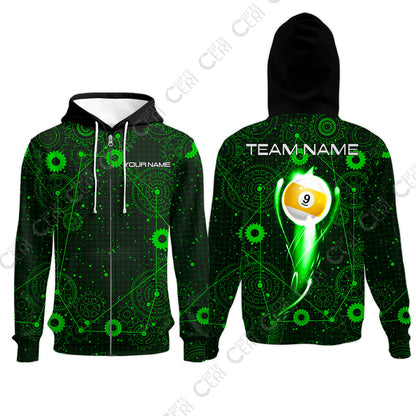 Customized Billiards Zip Hoodies, Personalized Billiard 9 Ball Lighting Gear Pattern Jersey Gift For Billiard Players