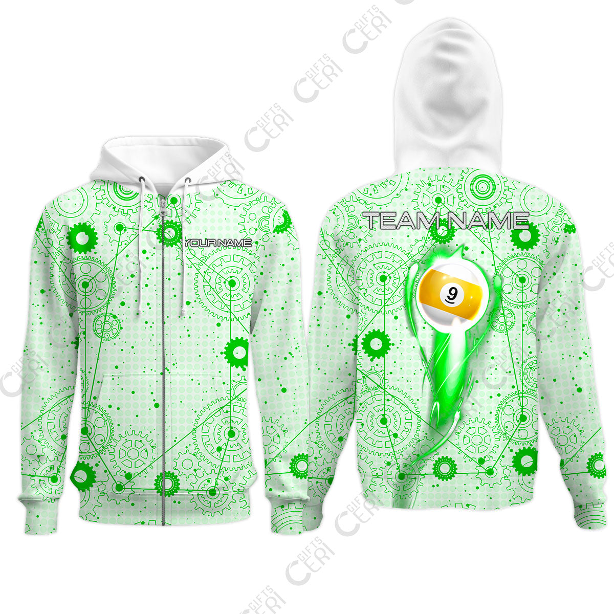 Customized Billiards Zip Hoodies, Personalized Billiard 9 Ball Lighting Gear Pattern Jersey Gift For Billiard Players