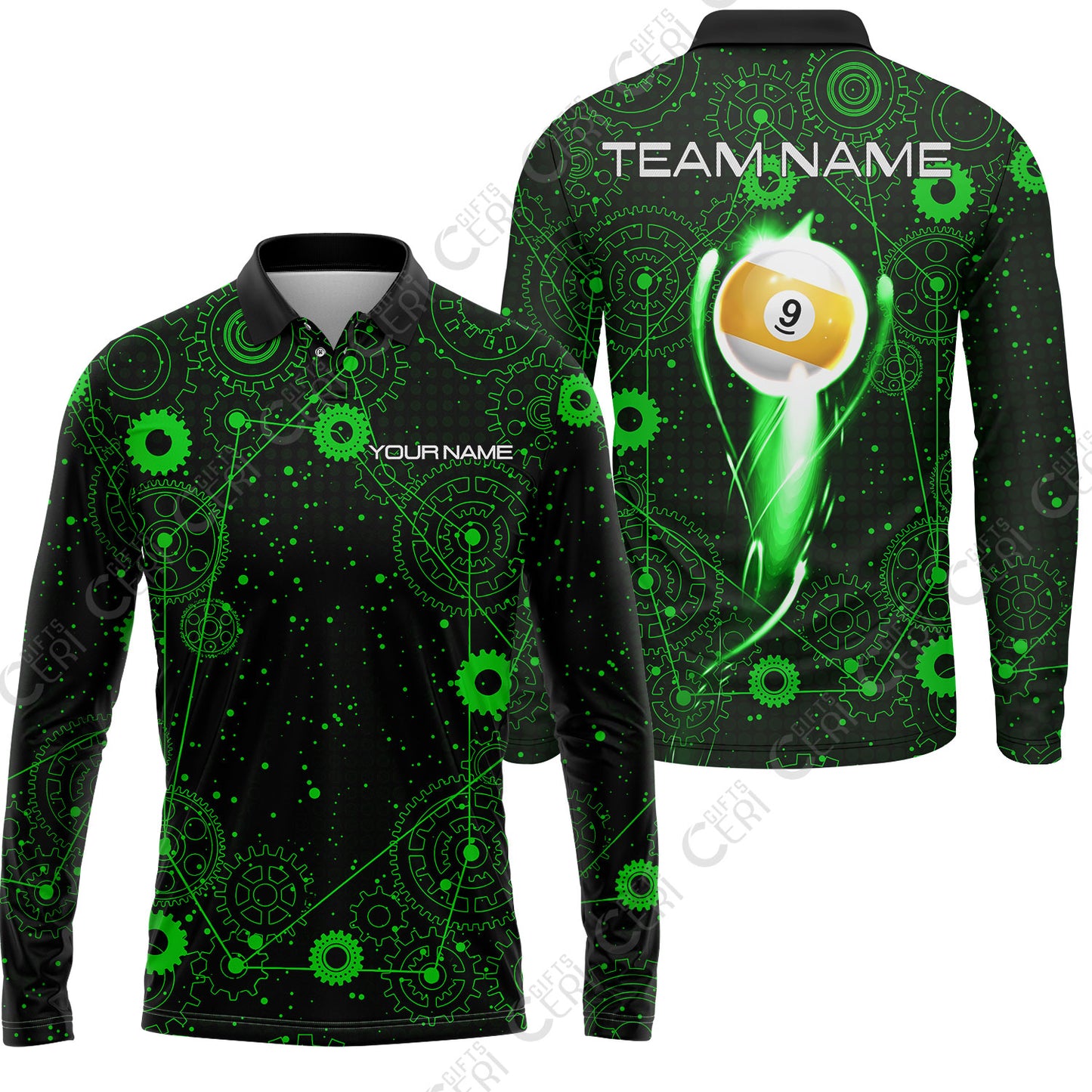 Customized Billiards Long Sleeve Polo Shirt, Personalized 9 Ball Lighting Gear Pattern Jersey Gift For Billiard Players