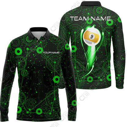 Customized Billiards Long Sleeve Polo Shirt, Personalized 9 Ball Lighting Gear Pattern Jersey Gift For Billiard Players