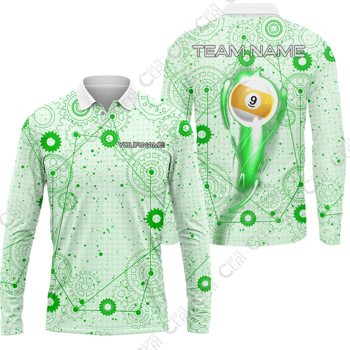 Customized Billiards Long Sleeve Polo Shirt, Personalized 9 Ball Lighting Gear Pattern Jersey Gift For Billiard Players