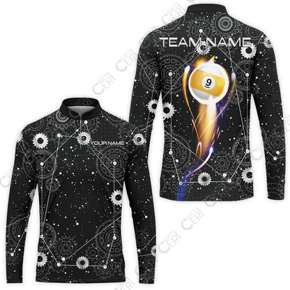 Customized Billiards Stand Collar Quarter-Zip Long Sleeve Jersey, Personalized 9 Ball Lighting Gear Pattern Jersey