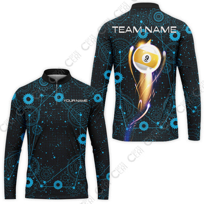 Customized Billiards Stand Collar Quarter-Zip Long Sleeve Jersey, Personalized 9 Ball Lighting Gear Pattern Jersey