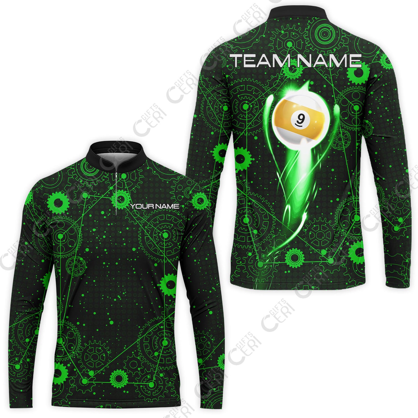 Customized Billiards Stand Collar Quarter-Zip Long Sleeve Jersey, Personalized 9 Ball Lighting Gear Pattern Jersey