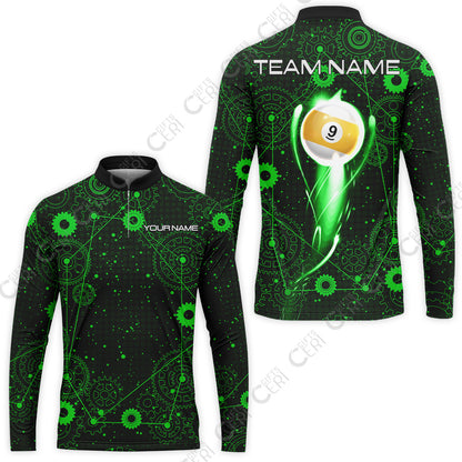 Customized Billiards Stand Collar Quarter-Zip Long Sleeve Jersey, Personalized 9 Ball Lighting Gear Pattern Jersey