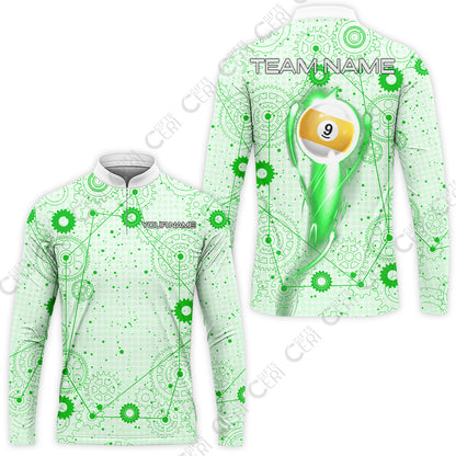 Customized Billiards Stand Collar Quarter-Zip Long Sleeve Jersey, Personalized 9 Ball Lighting Gear Pattern Jersey