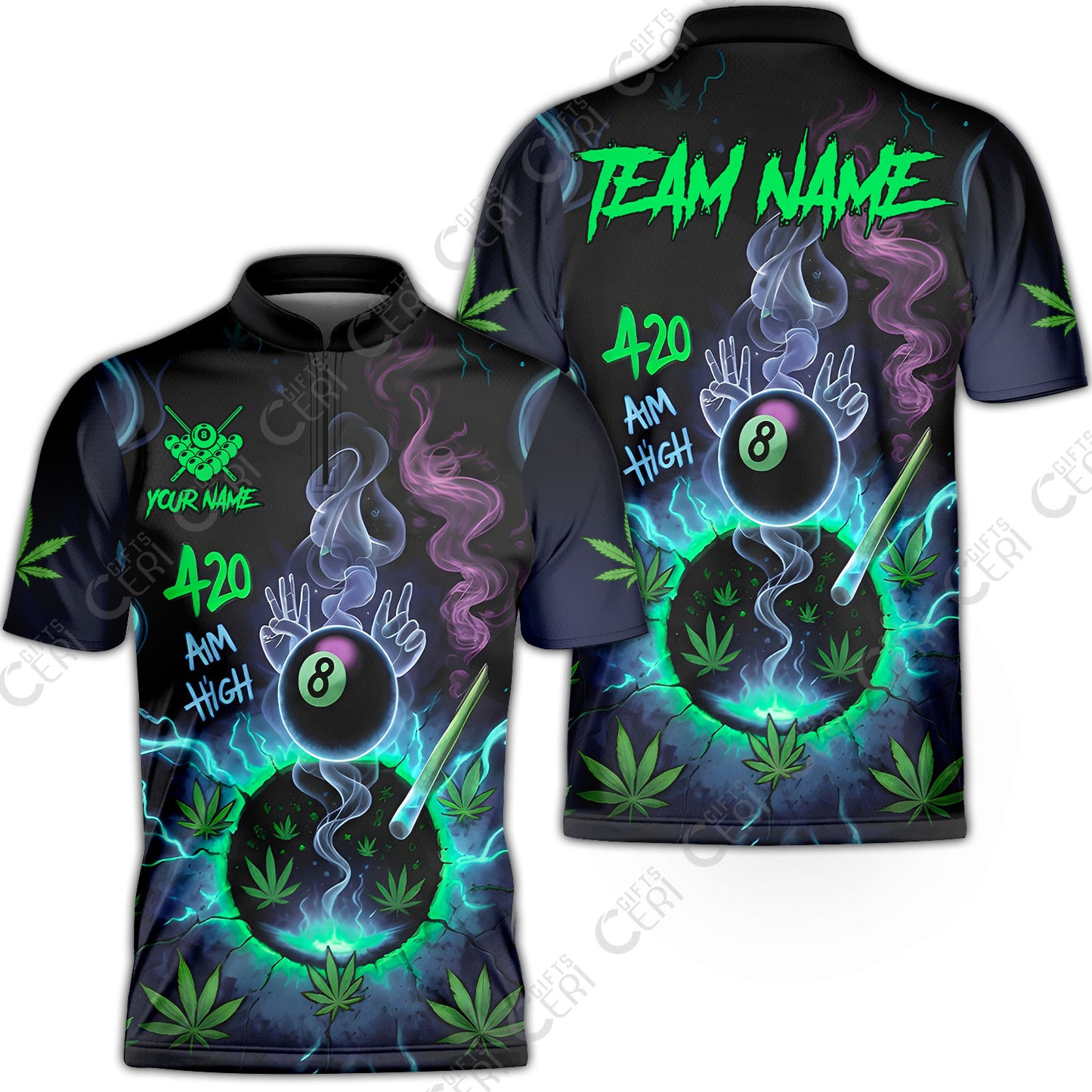 Customized Billiards Stand Collar Quarter-Zip Short Sleeve Jersey, Personalized 420 Aim High 8 Ball Pool Team Jersey