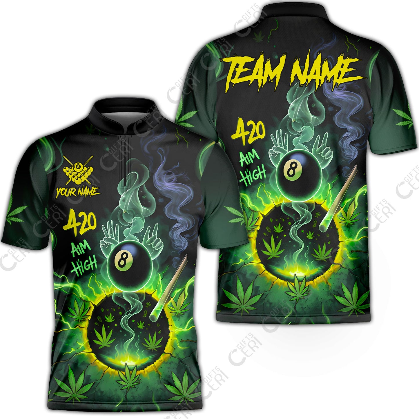 Customized Billiards Stand Collar Quarter-Zip Short Sleeve Jersey, Personalized 420 Aim High 8 Ball Pool Team Jersey