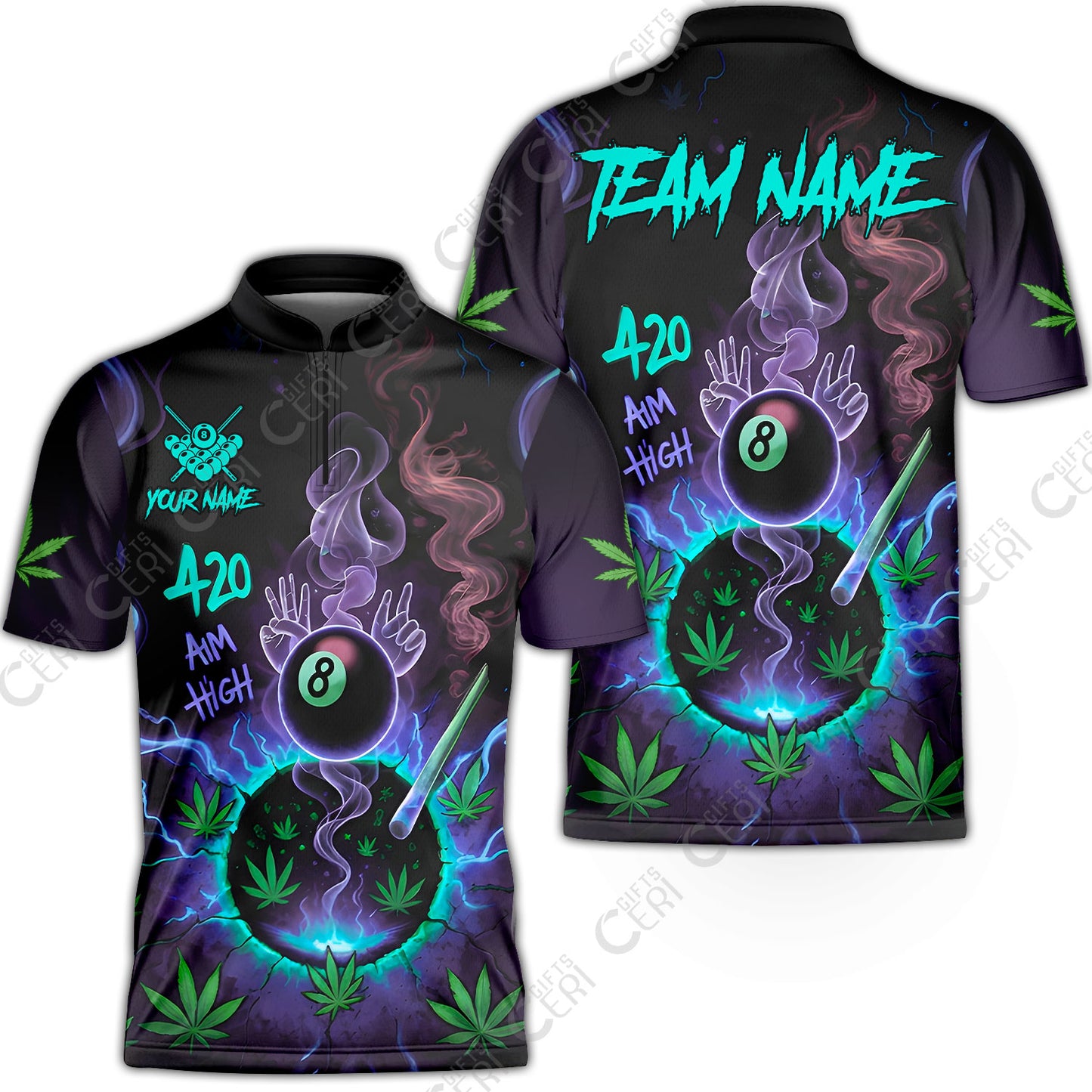 Customized Billiards Stand Collar Quarter-Zip Short Sleeve Jersey, Personalized 420 Aim High 8 Ball Pool Team Jersey