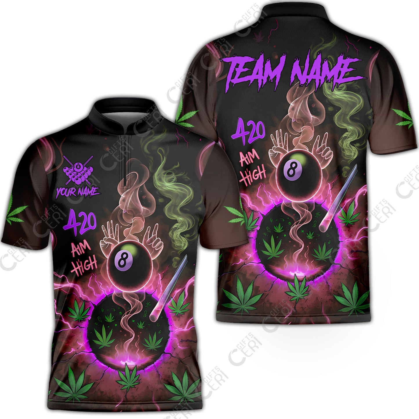 Customized Billiards Stand Collar Quarter-Zip Short Sleeve Jersey, Personalized 420 Aim High 8 Ball Pool Team Jersey