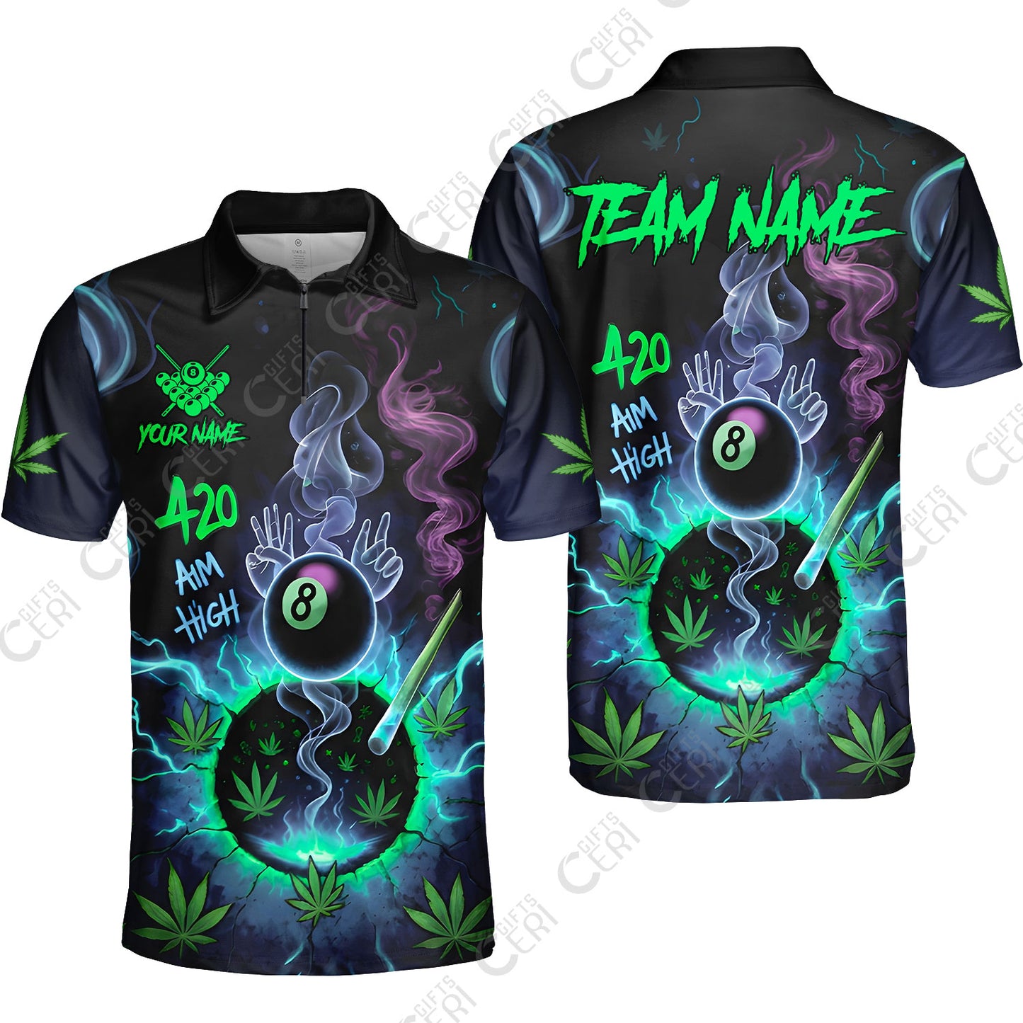 Customized Billiards Quarter-Zip Polo Shirt, Personalized 420 Aim High 8 Ball Pool Team Jersey Gift For Billiard Players