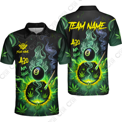 Customized Billiards Quarter-Zip Polo Shirt, Personalized 420 Aim High 8 Ball Pool Team Jersey Gift For Billiard Players