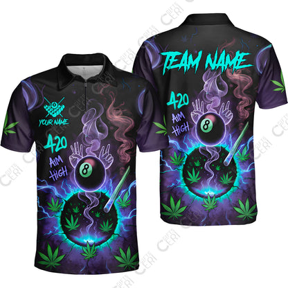 Customized Billiards Quarter-Zip Polo Shirt, Personalized 420 Aim High 8 Ball Pool Team Jersey Gift For Billiard Players