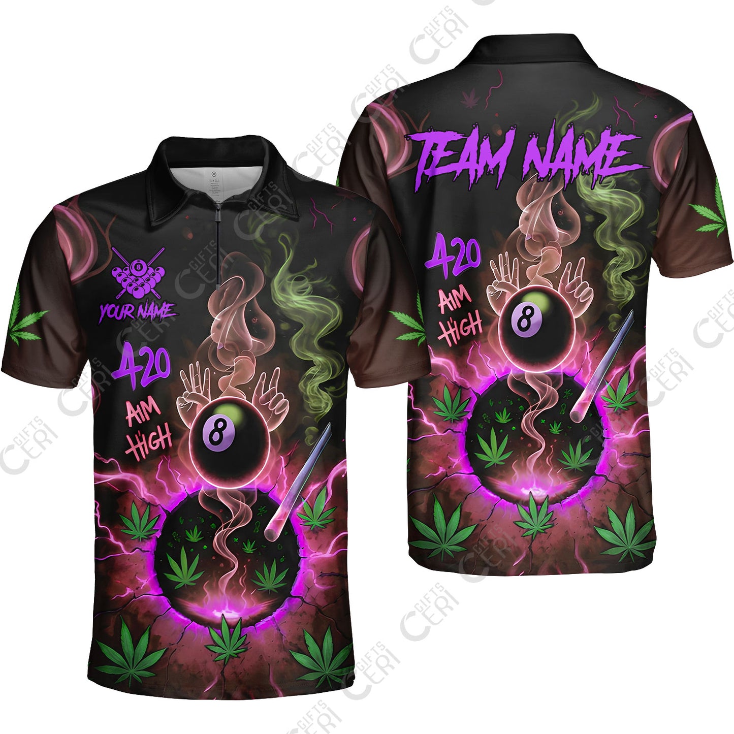 Customized Billiards Quarter-Zip Polo Shirt, Personalized 420 Aim High 8 Ball Pool Team Jersey Gift For Billiard Players