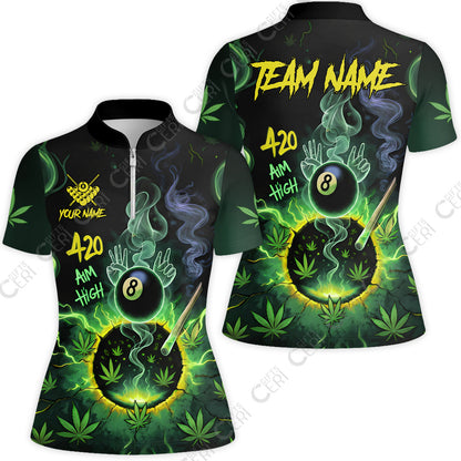 Customized Billiards Stand Collar Quarter Zip Short Sleeve Women's Shirt, Personalized 420 Aim High 8 Ball Pool Team Jersey