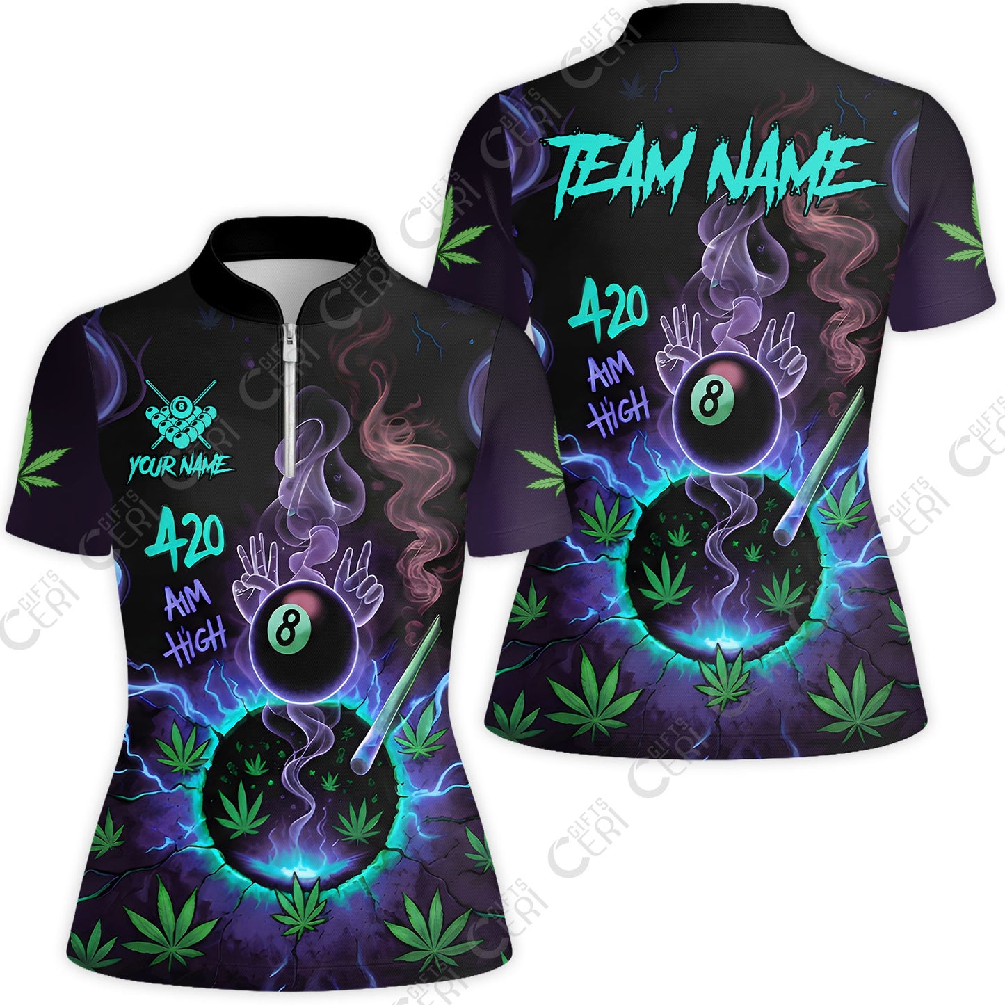 Customized Billiards Stand Collar Quarter Zip Short Sleeve Women's Shirt, Personalized 420 Aim High 8 Ball Pool Team Jersey