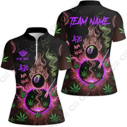 Customized Billiards Stand Collar Quarter Zip Short Sleeve Women's Shirt, Personalized 420 Aim High 8 Ball Pool Team Jersey