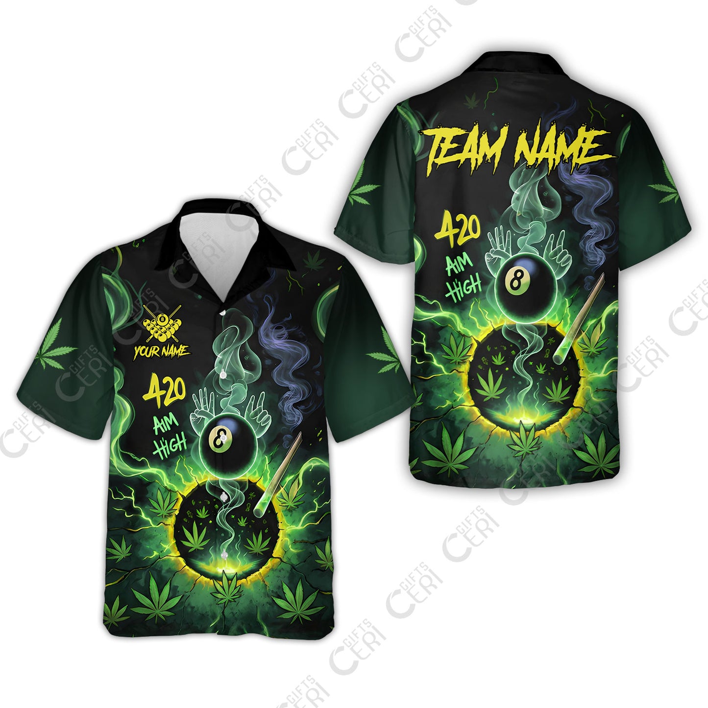 Customized Billiards Hawaiian Shirt, Personalized 420 Aim High 8 Ball Pool Team Jersey Gift For Billiard Players